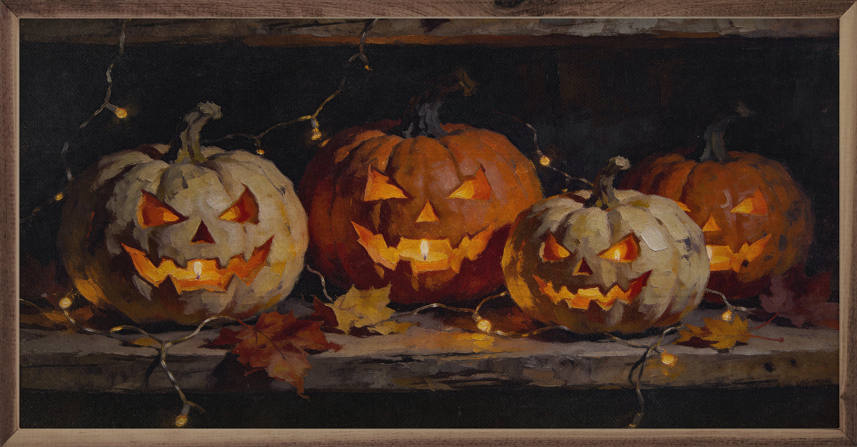 Jack O Lanterns With String Lights Printed and Framed Wall Sign