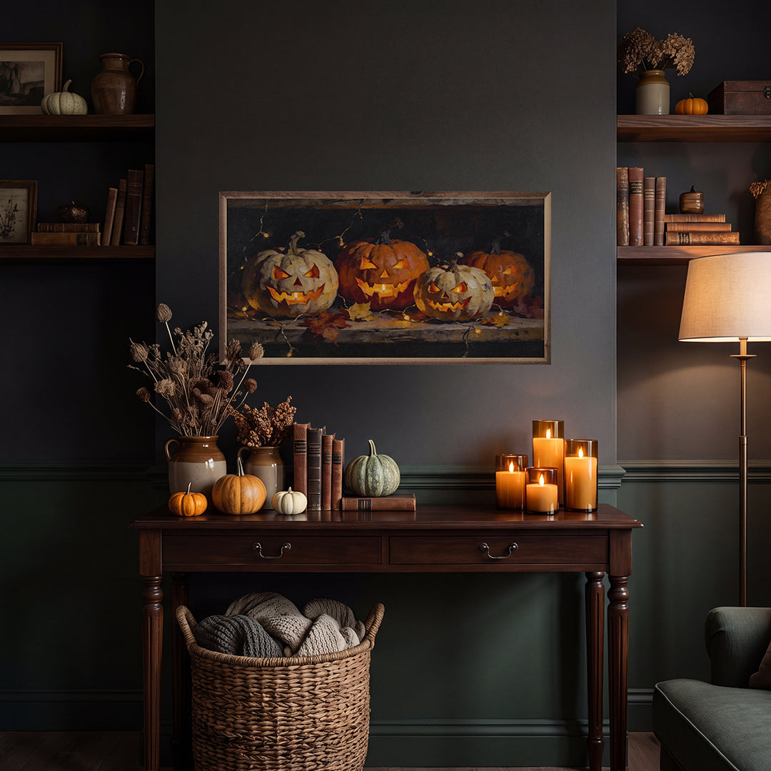Jack O Lanterns With String Lights Printed and Framed Wall Sign