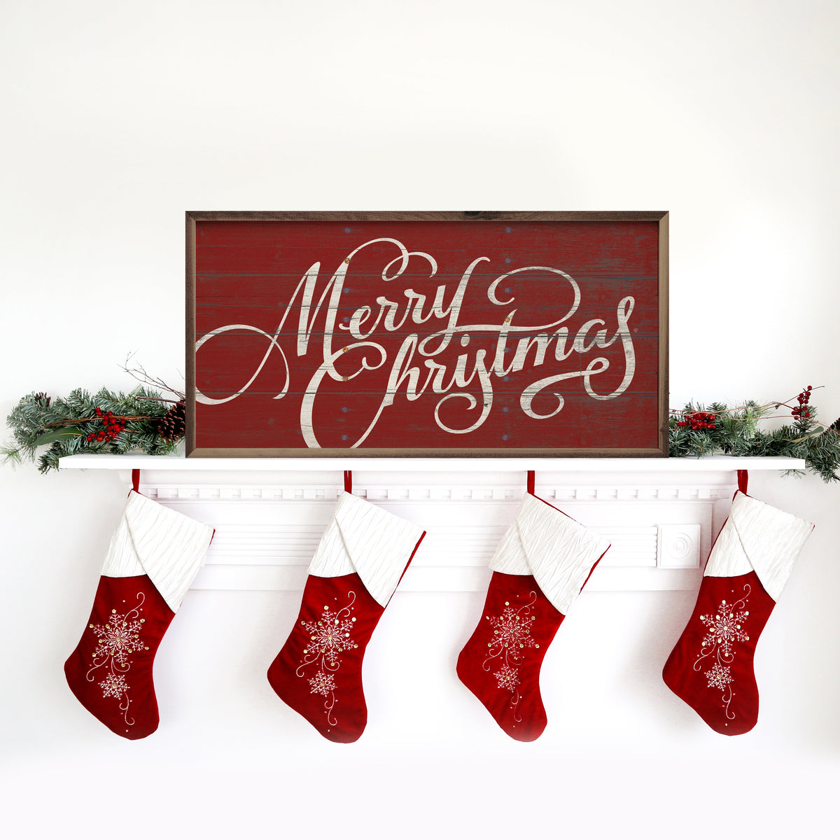 Merry Christmas Curly Red Printed and Framed Wall Sign