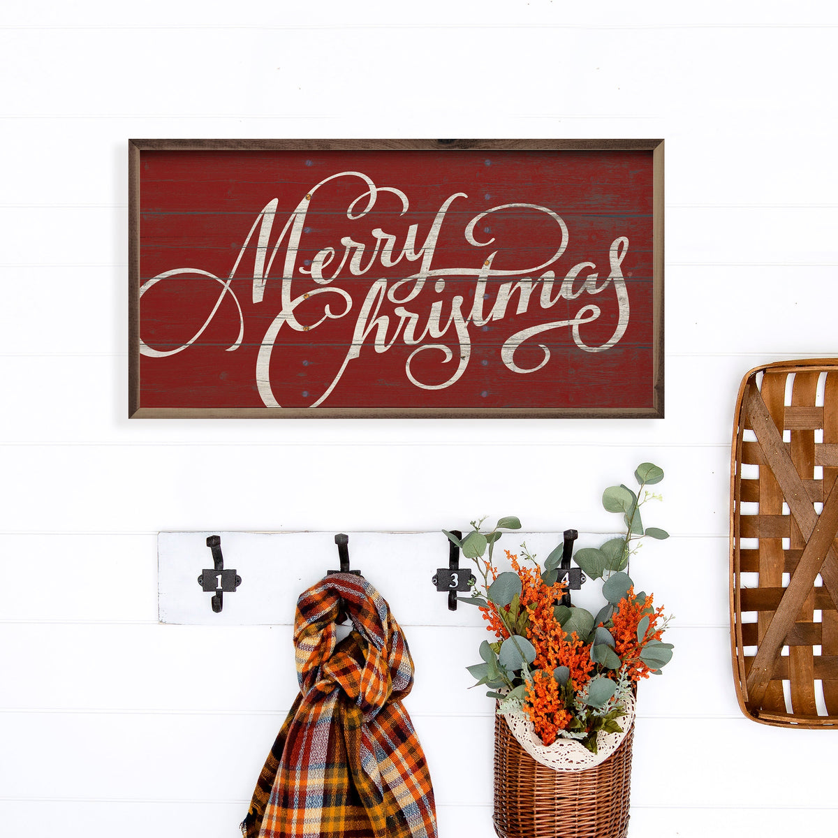 Merry Christmas Curly Red Printed and Framed Wall Sign