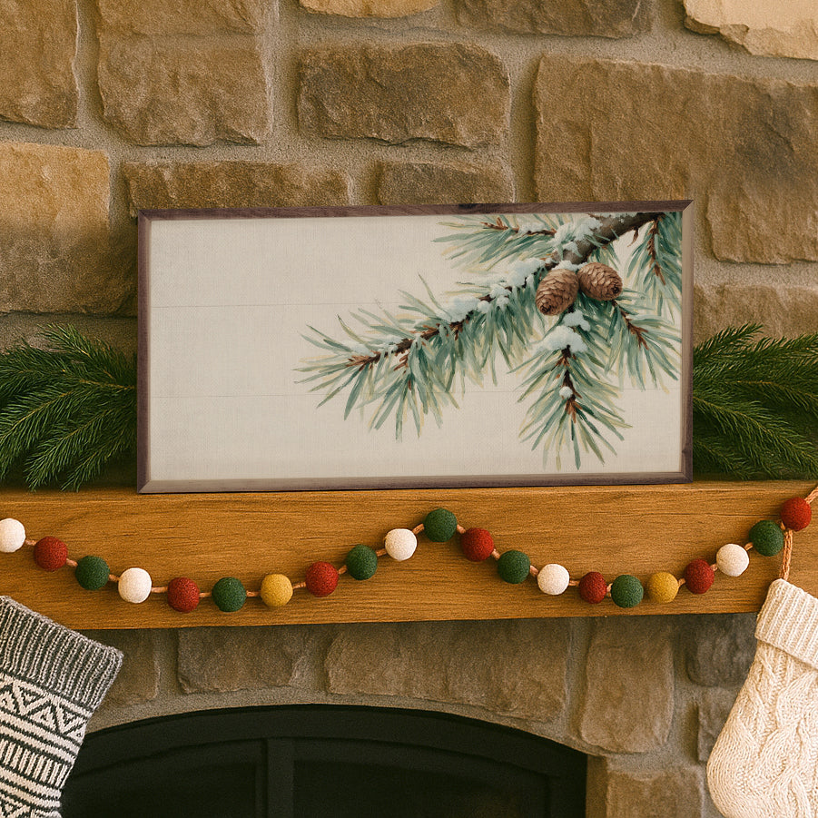 Pine Branch With Snow Horizontal Printed and Framed Wall Sign