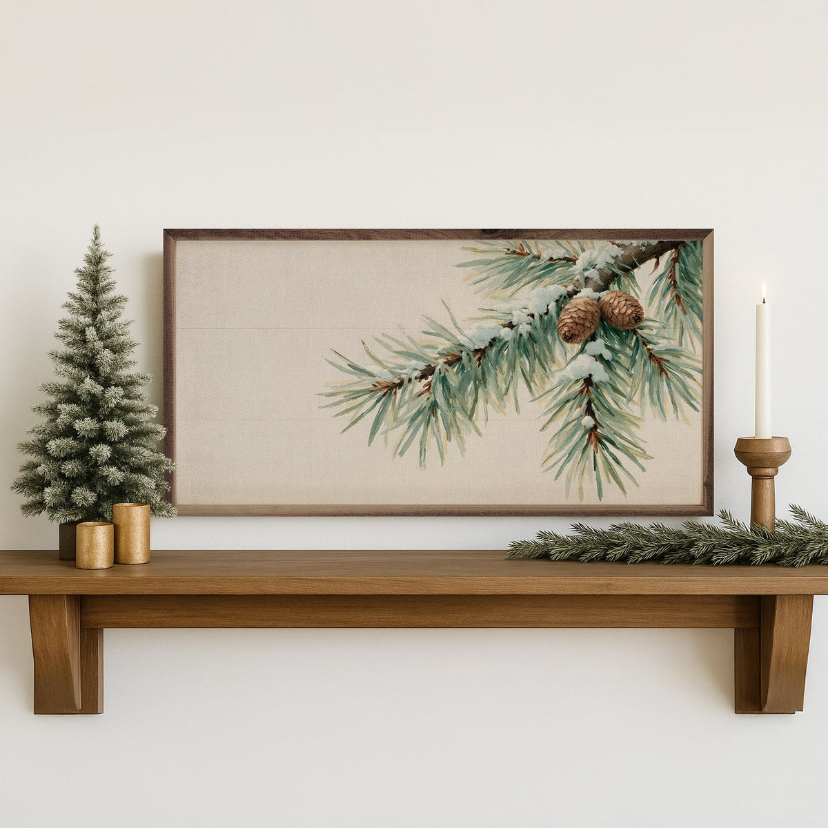 Pine Branch With Snow Horizontal Printed and Framed Wall Sign