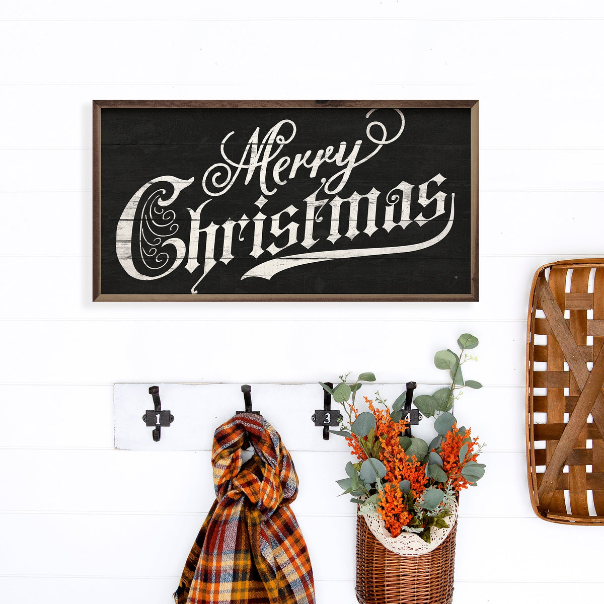 Vintage Merry Christmas Black Printed and Framed Wall Sign