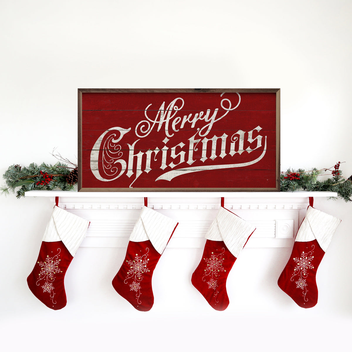 Vintage Merry Christmas Red Printed and Framed Wall Sign