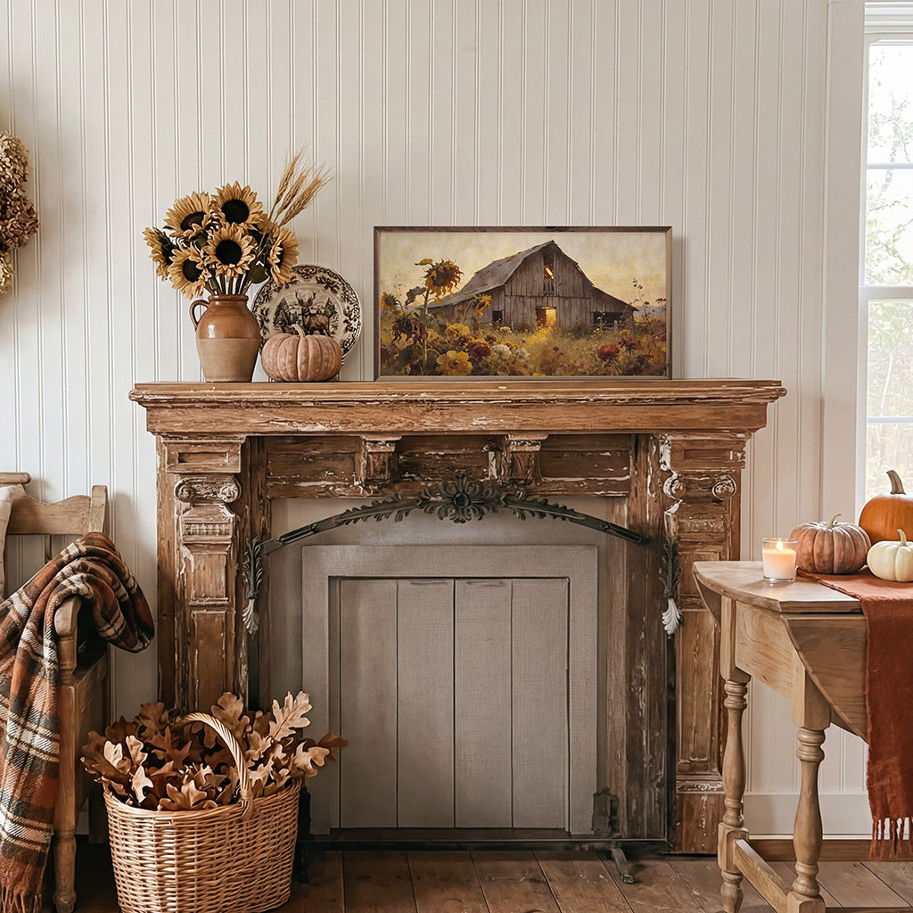 Weathered Barn In Sunflower Autumn Field Printed and Framed Wall Sign