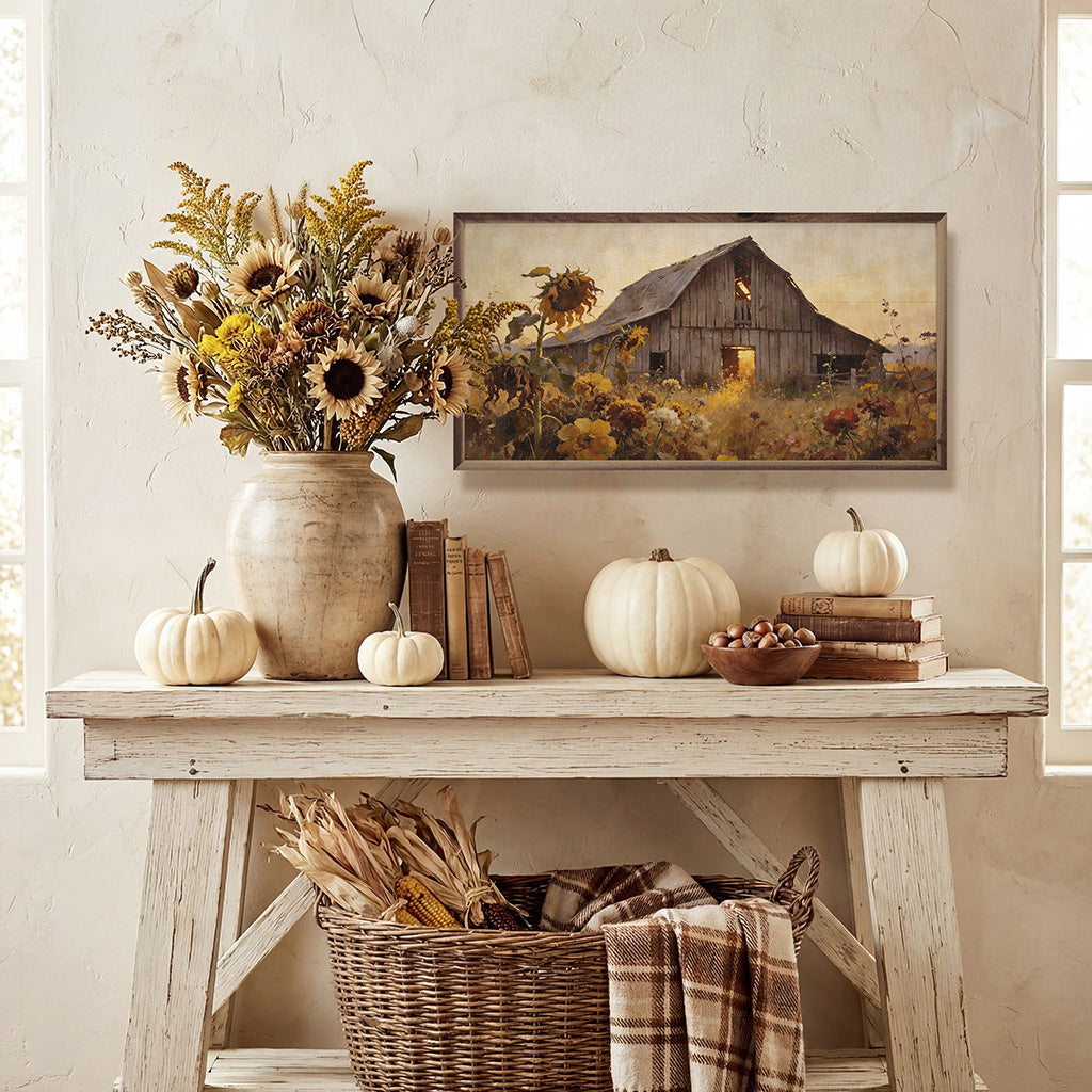 Weathered Barn In Sunflower Autumn Field Printed and Framed Wall Sign