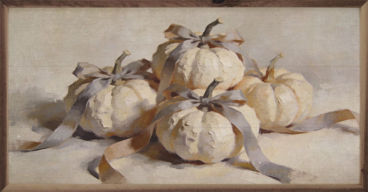 White Pumpkins With Bows Printed and Framed Wall Sign