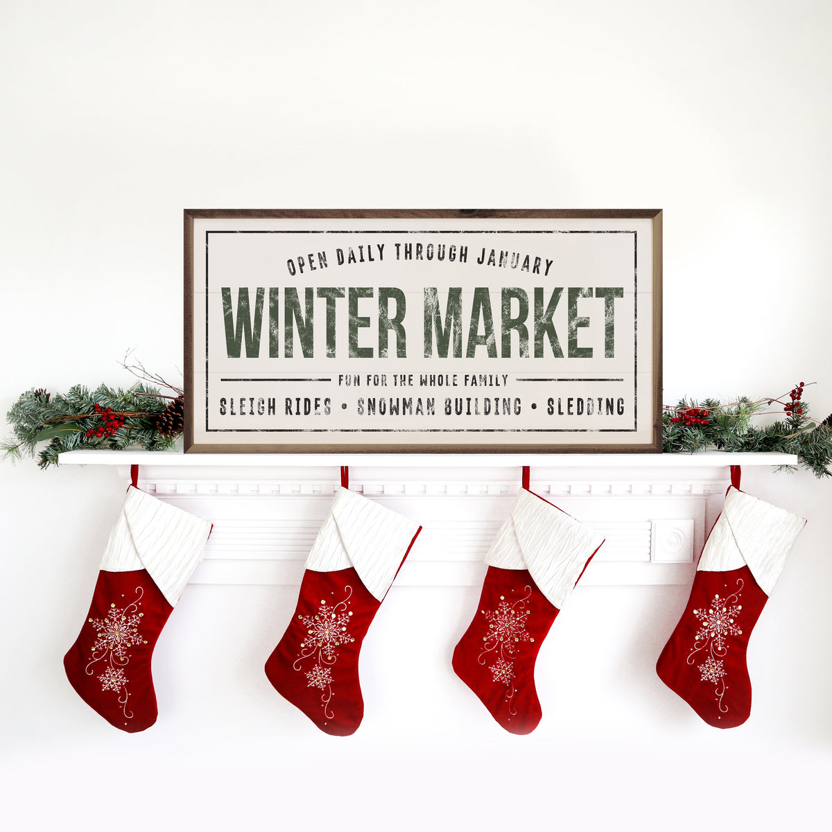 Winter Market Green White Printed and Framed Wall Sign