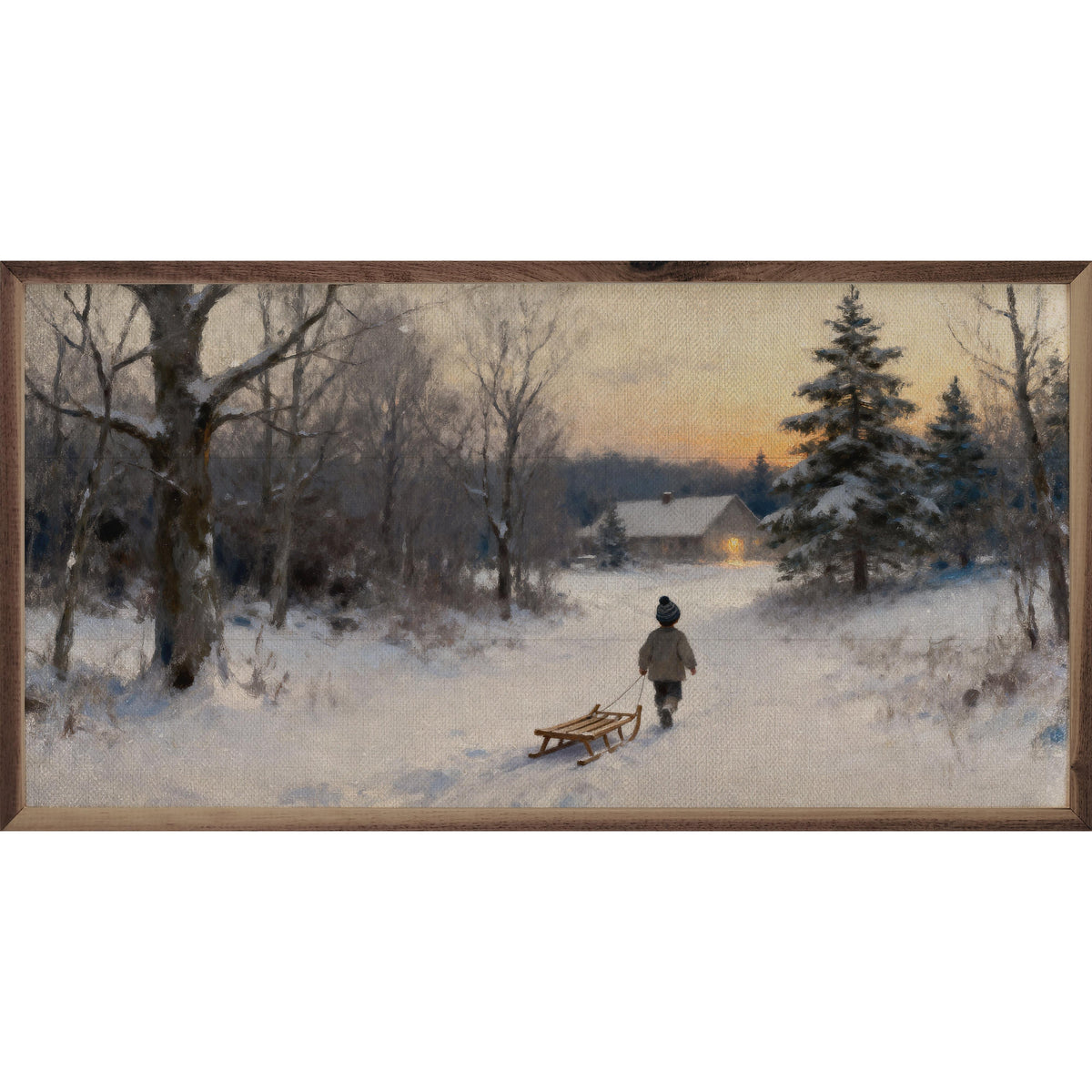 Child With Sled Printed and Framed Wall Sign