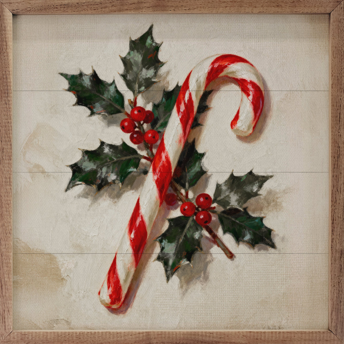 Candy Cane With Holly Printed and Framed Wall Sign
