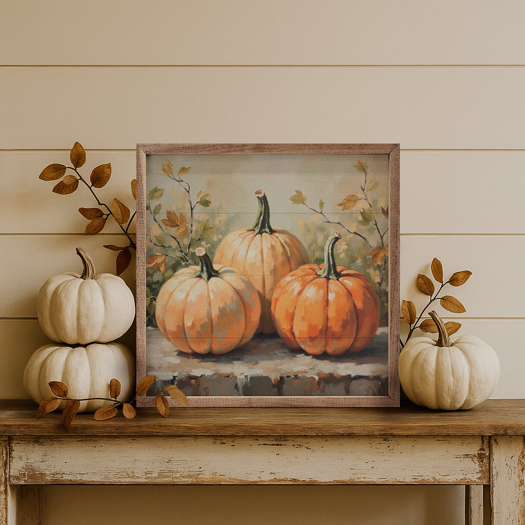 Pumpkin Trio On Bench Printed and Framed Wall Sign