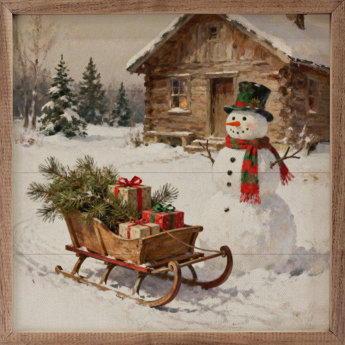 Snowman With Sleigh Printed and Framed Wall Sign