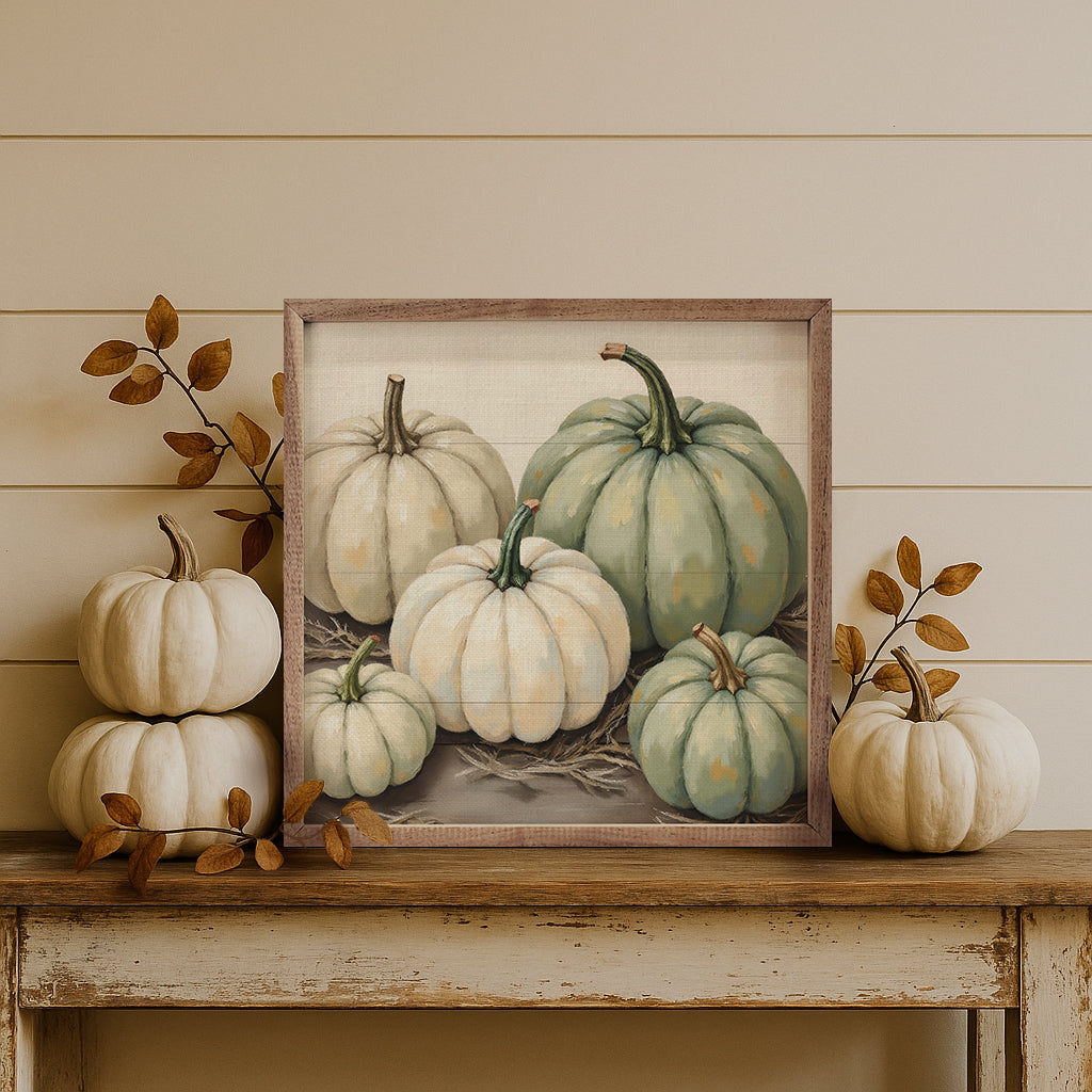 Stacked Pumpkins With Wheat Printed and Framed Wall Sign