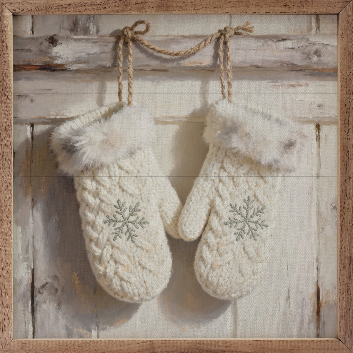 White Mittens With Snowflakes Printed and Framed Wall Sign
