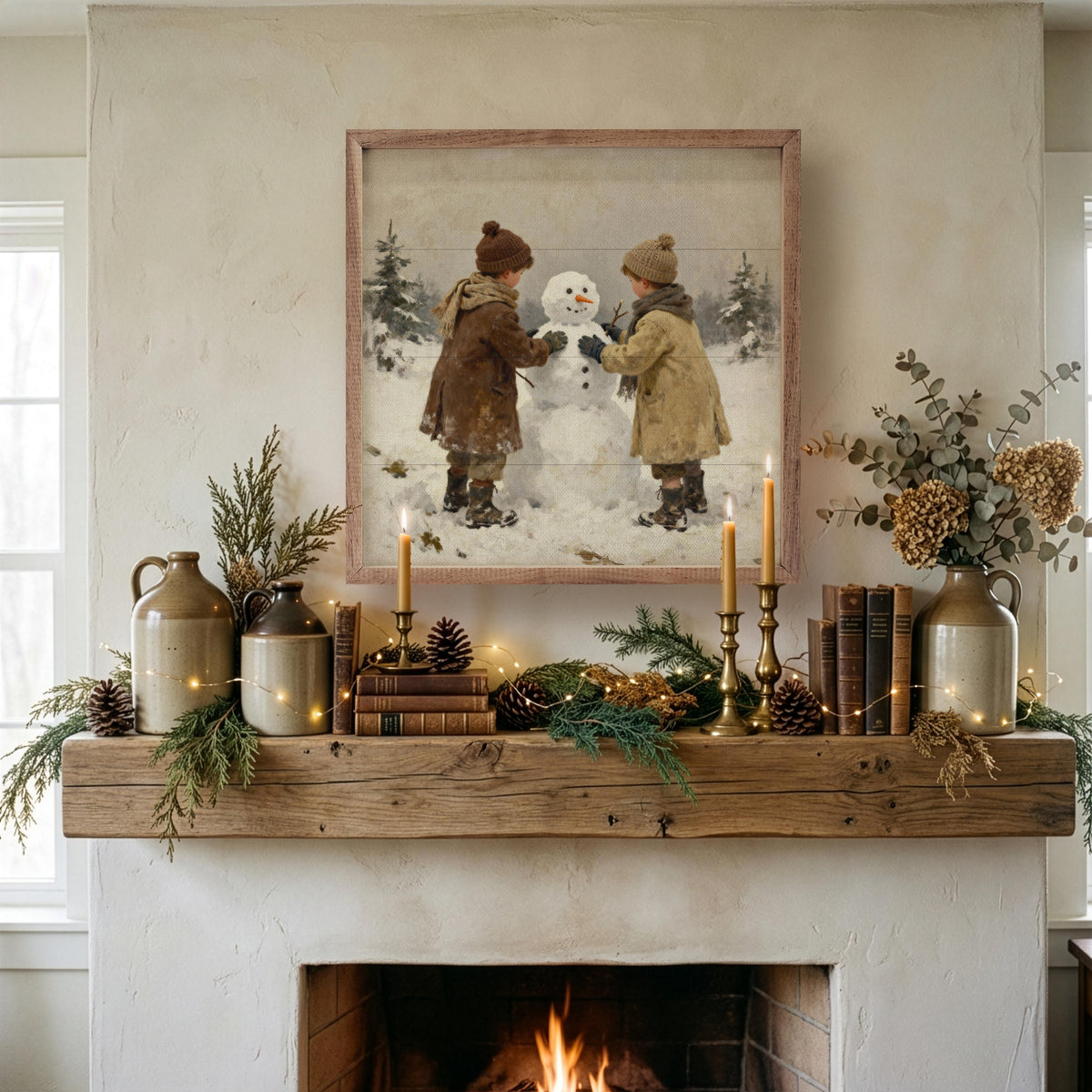Kids Building Snowman Printed and Framed Wall Sign