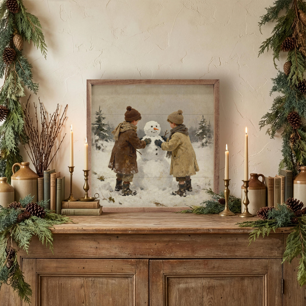 Kids Building Snowman Printed and Framed Wall Sign