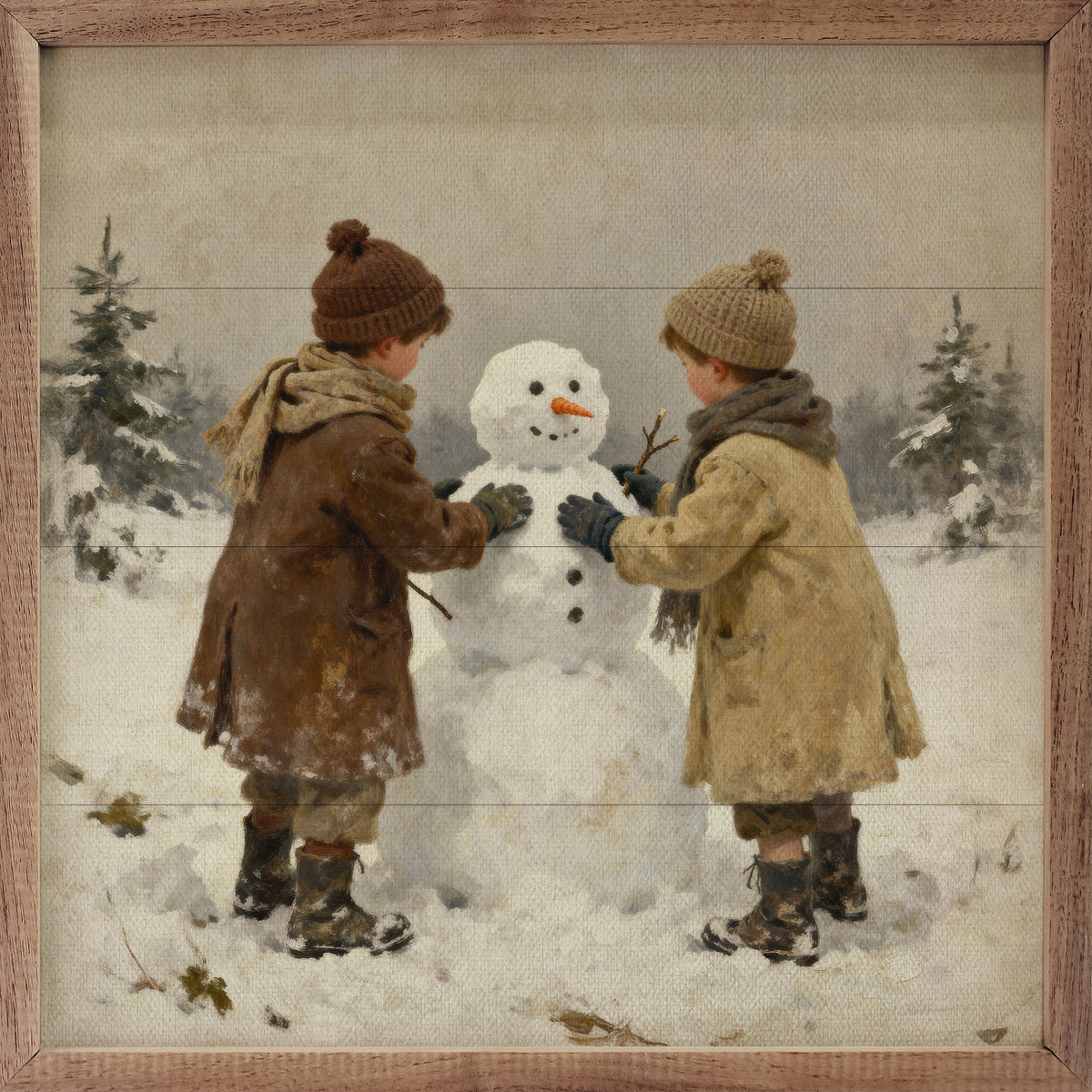 Kids Building Snowman Printed and Framed Wall Sign