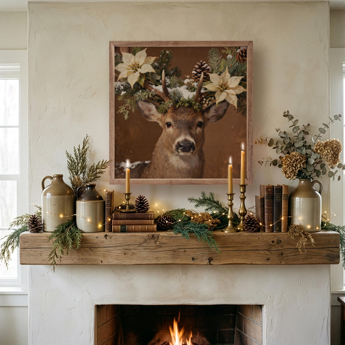 Poinsettia Deer Printed and Framed Wall Sign