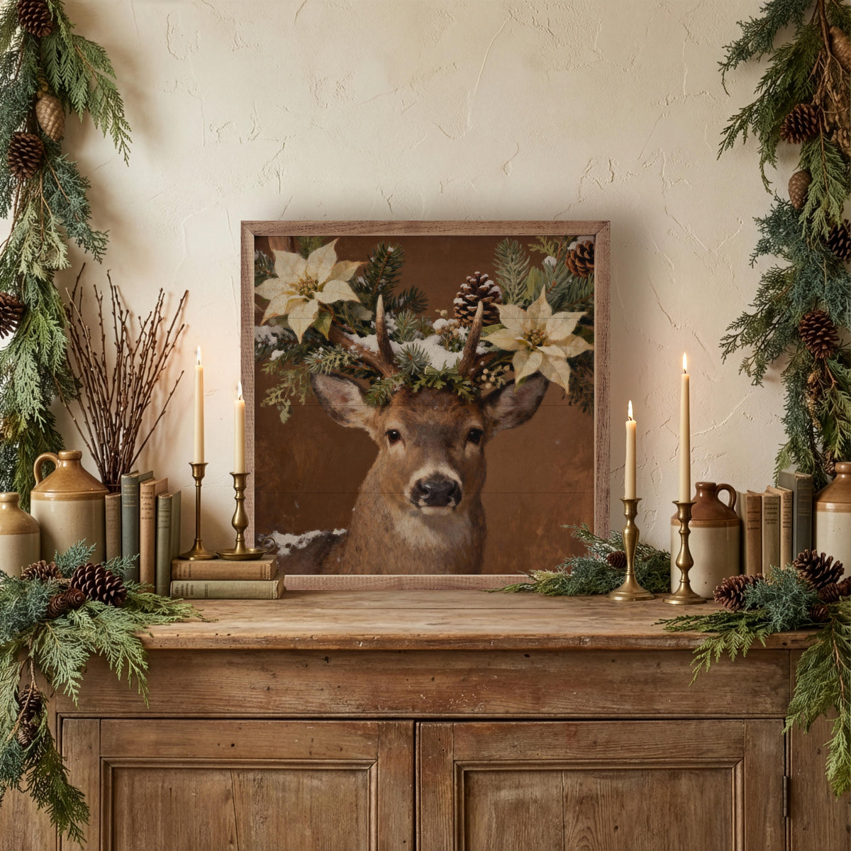 Poinsettia Deer Printed and Framed Wall Sign