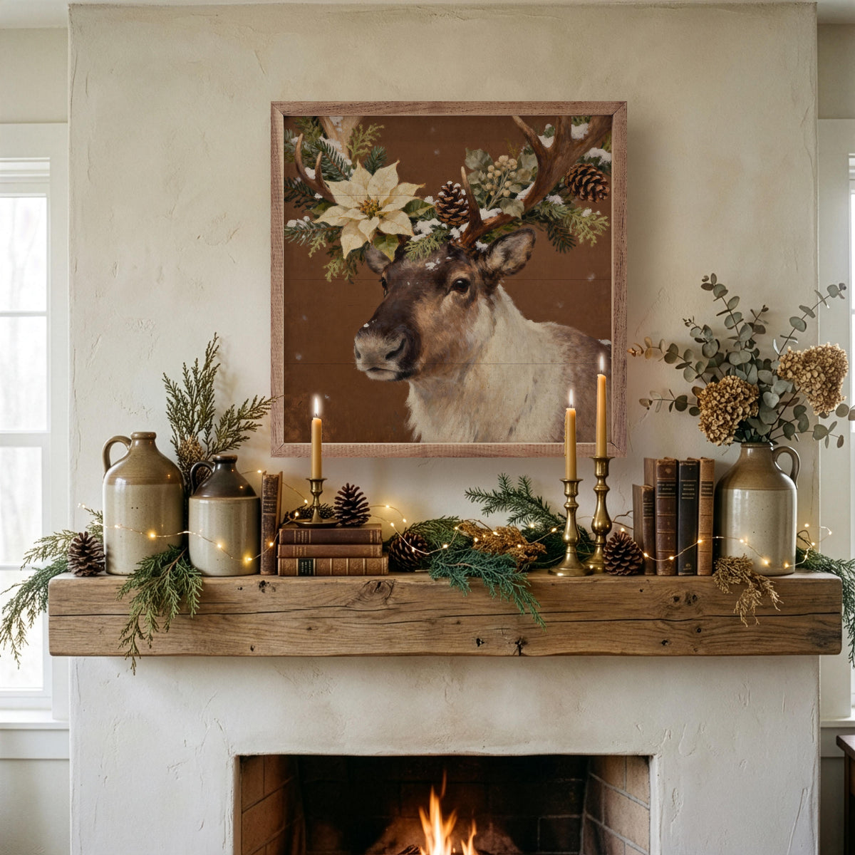 Poinsettia Reindeer Printed and Framed Wall Sign