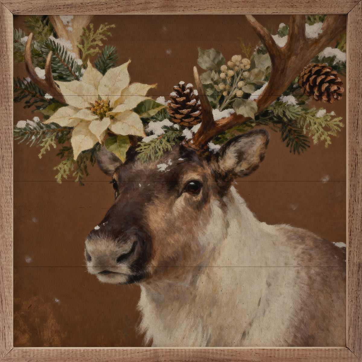 Poinsettia Reindeer Printed and Framed Wall Sign