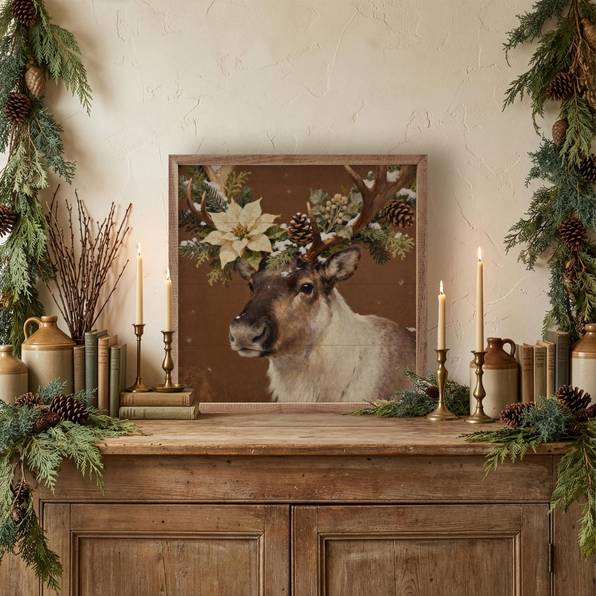 Poinsettia Reindeer Printed and Framed Wall Sign