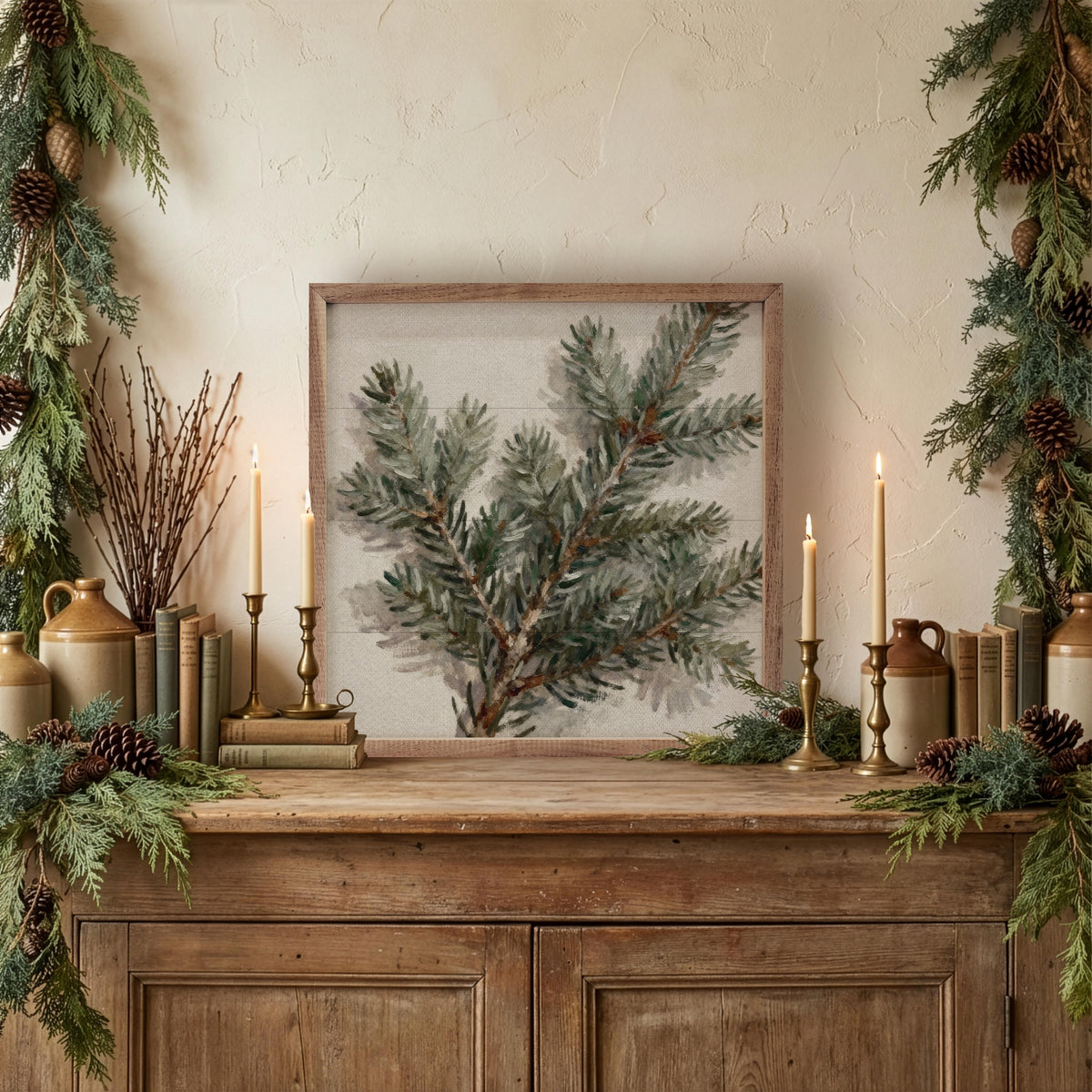 Simple Pine Branches Printed and Framed Wall Sign