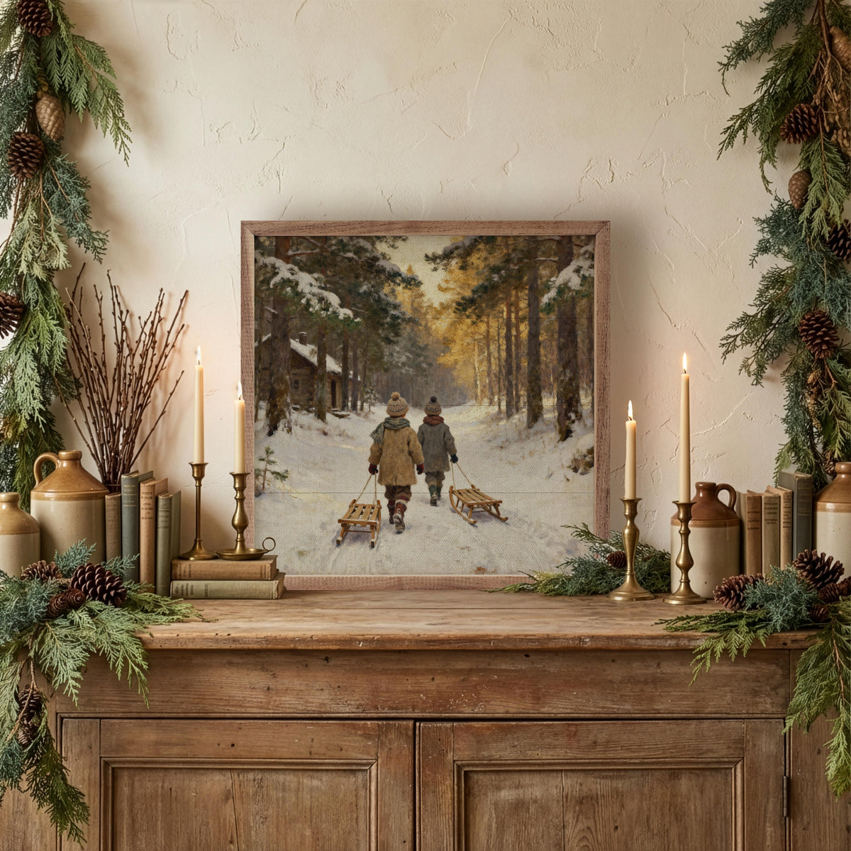 Two Kids Walking With Sled Printed and Framed Wall Sign