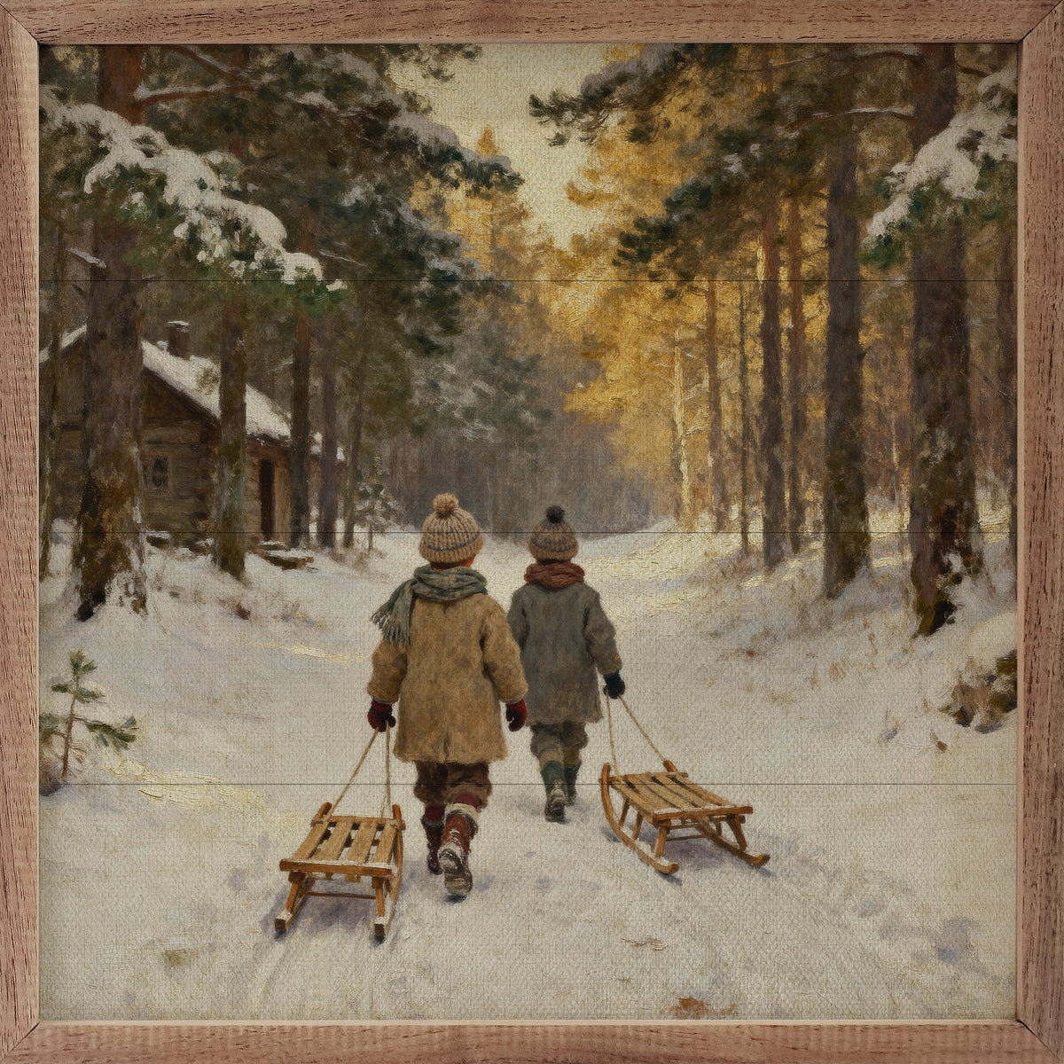 Two Kids Walking With Sled Printed and Framed Wall Sign