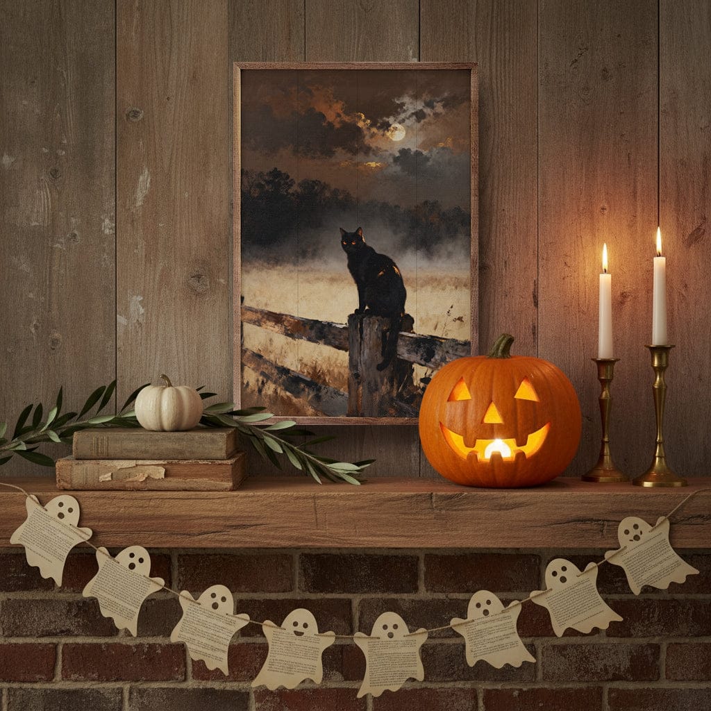 Black Cat On Fence Printed and Framed Wall Sign