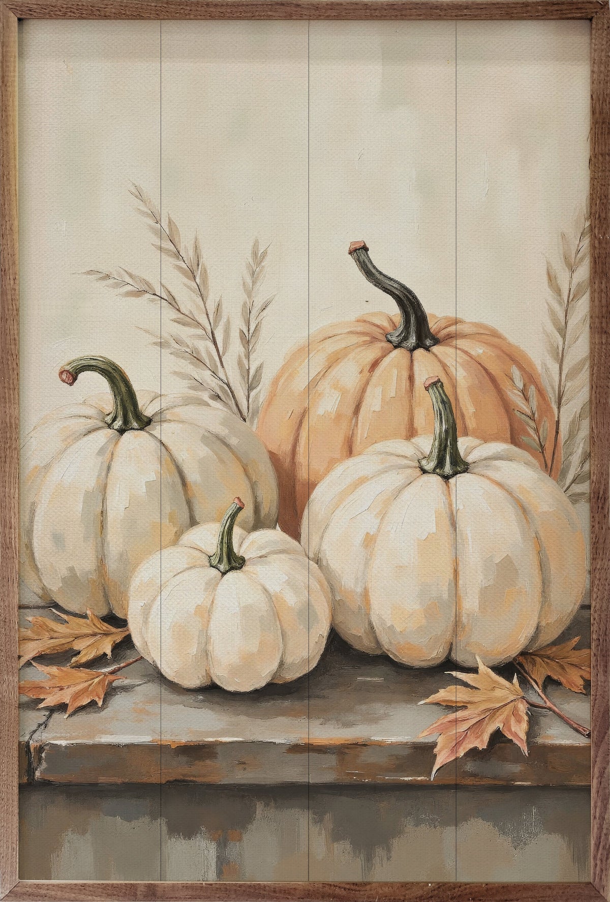 Pumpkins On Weathered Wood Printed and Framed Wall Sign
