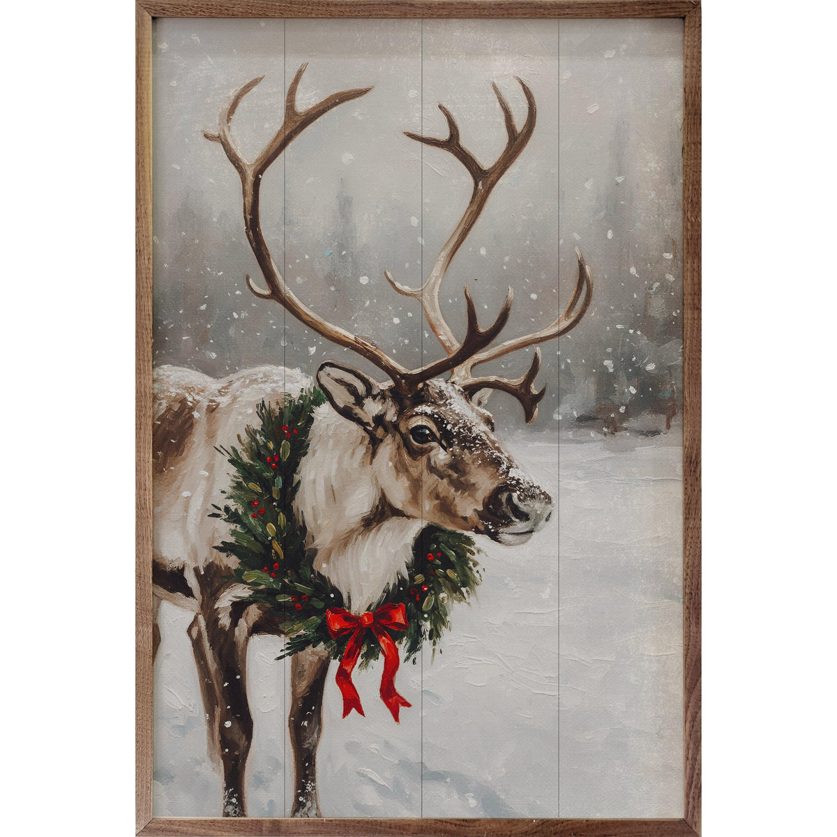 Reindeer With Wreath Printed and Framed Wall Sign