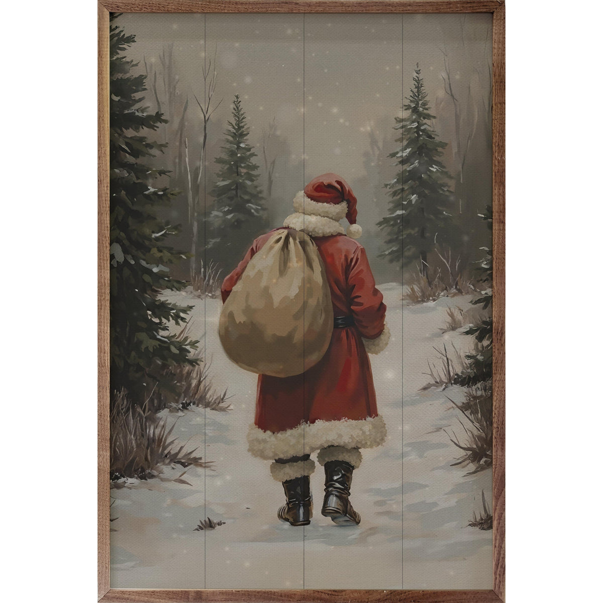 Santa Claus Walking In Timber Printed and Framed Wall Sign