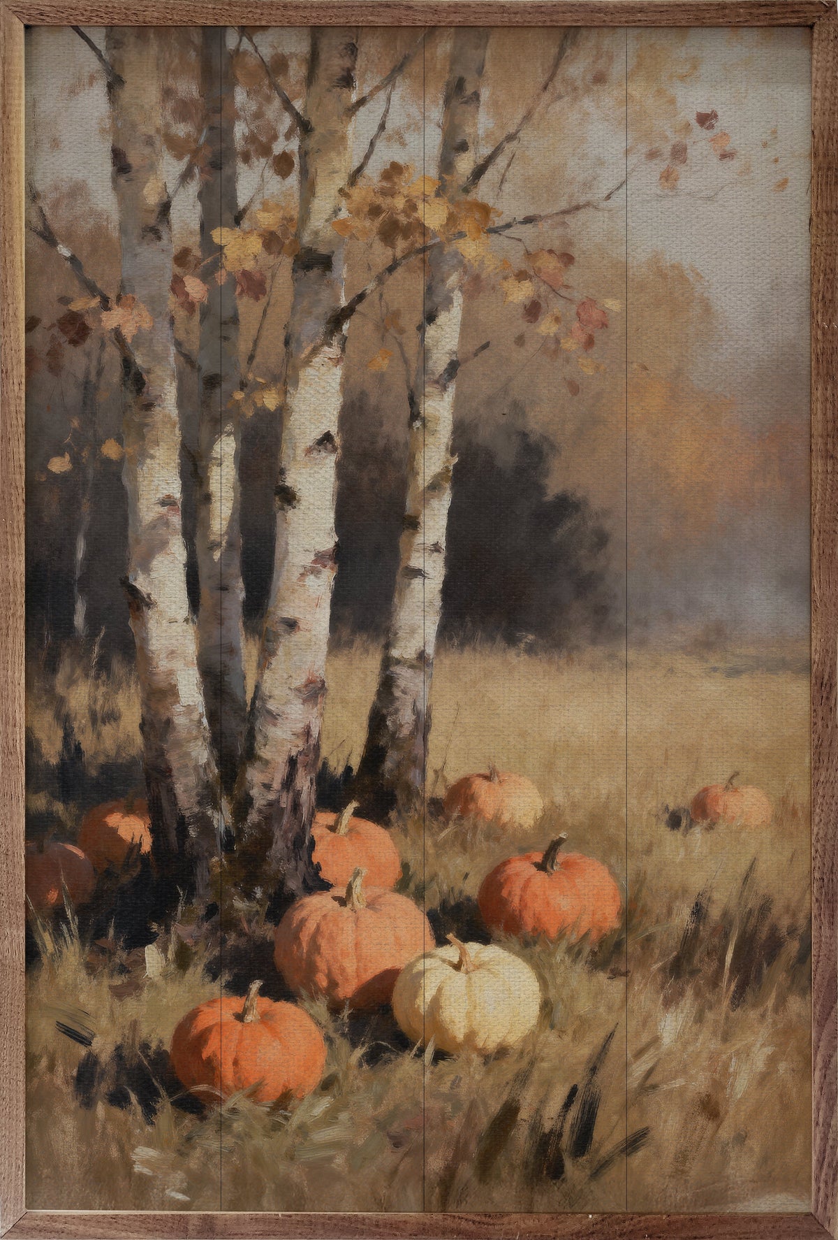 Birch Trees With Pumpkins Narrow Print Printed and Framed Wall Sign