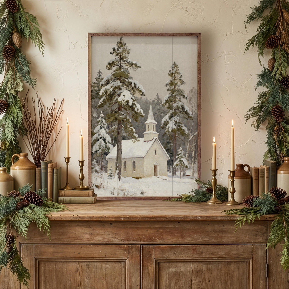 Church In Snowfall Printed and Framed Wall Sign