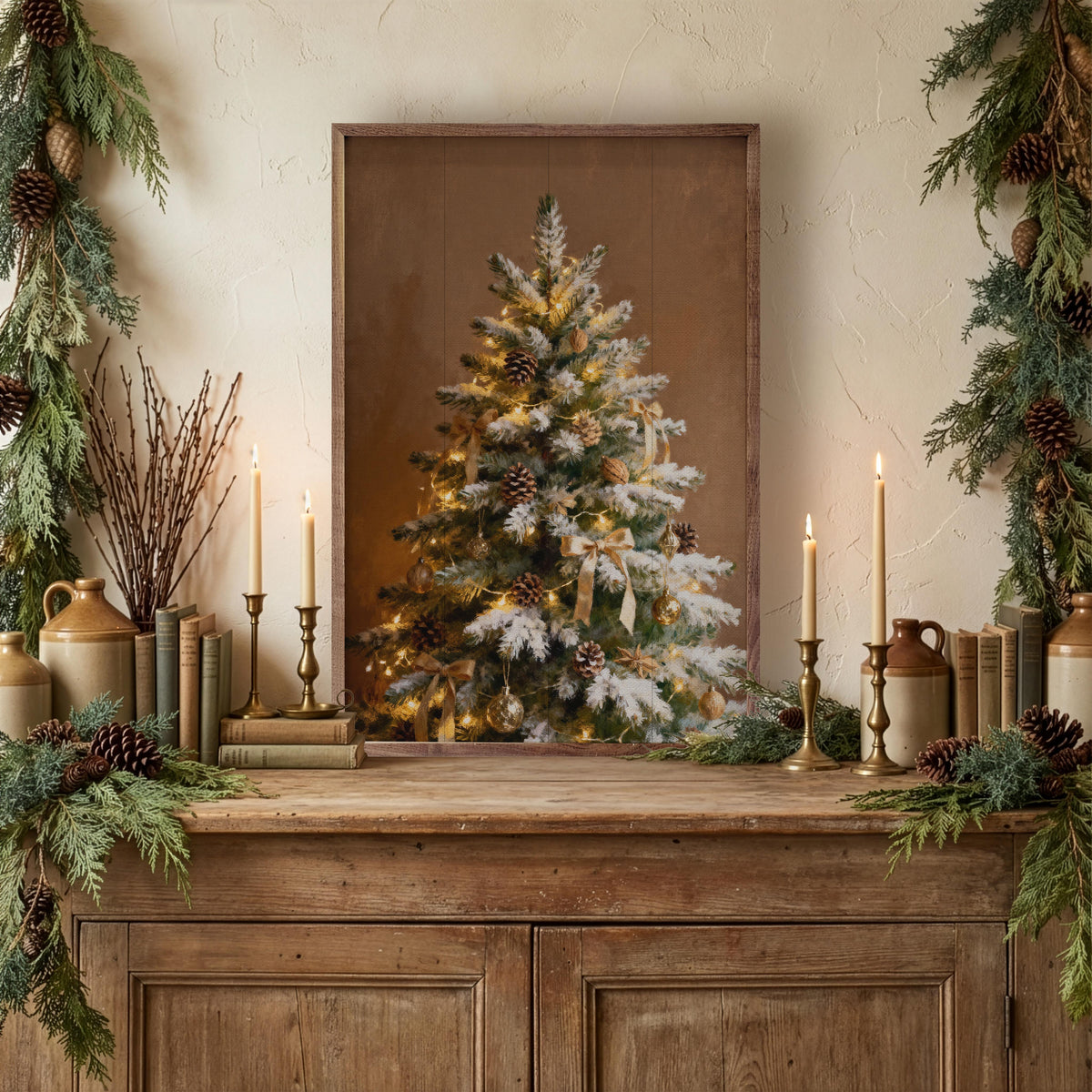 Decorated Pine Tree With Snow Printed and Framed Wall Sign