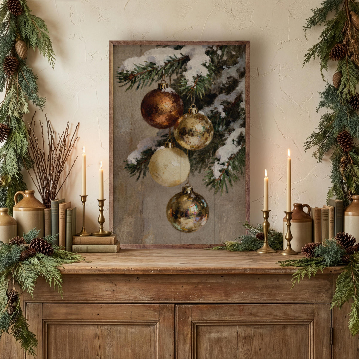Four Gold And Brown Ornaments Printed and Framed Wall Sign