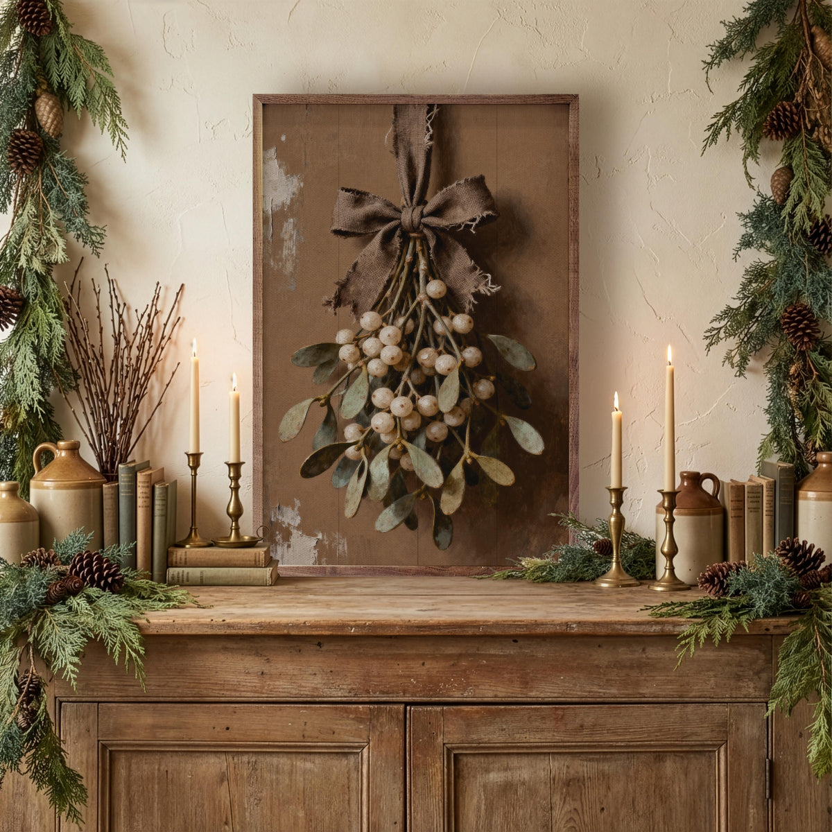 Rustic Brown Mistletoe Printed and Framed Wall Sign