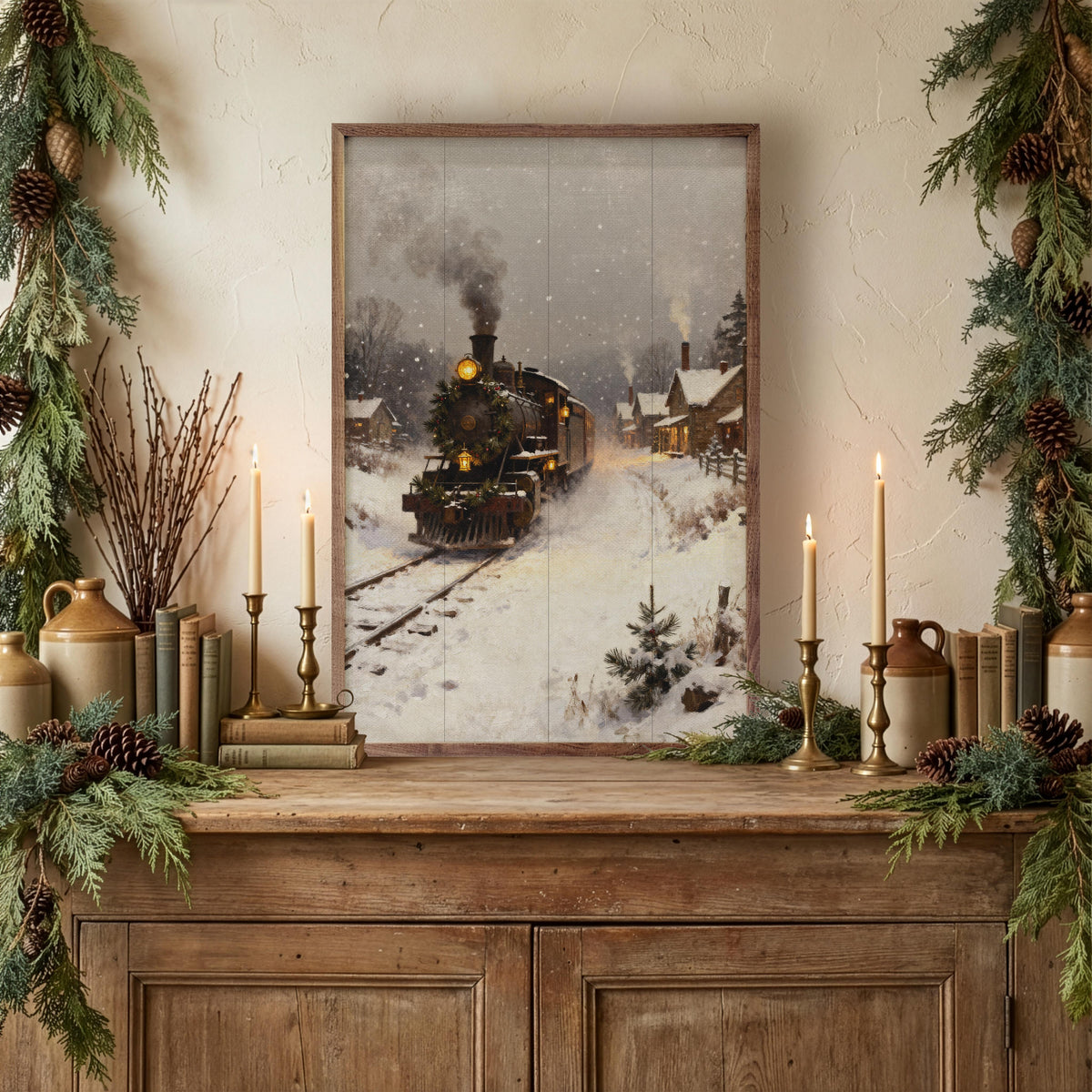 Train In Snow Printed and Framed Wall Sign