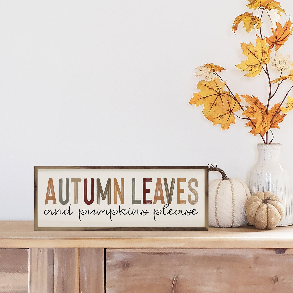 Autumn Leaves Colorful On White Printed and Framed Wall Sign