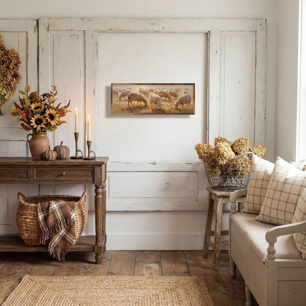 Flock Of Sheep In Autumn Printed and Framed Wall Sign