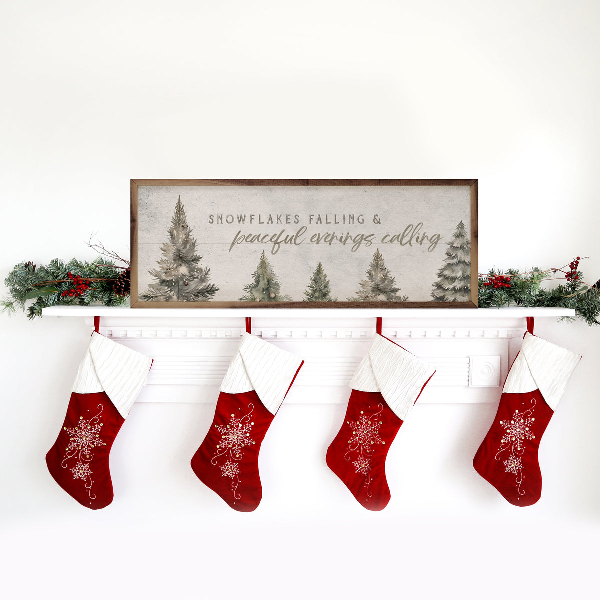 Snowflakes Falling Pines White Printed and Framed Wall Sign