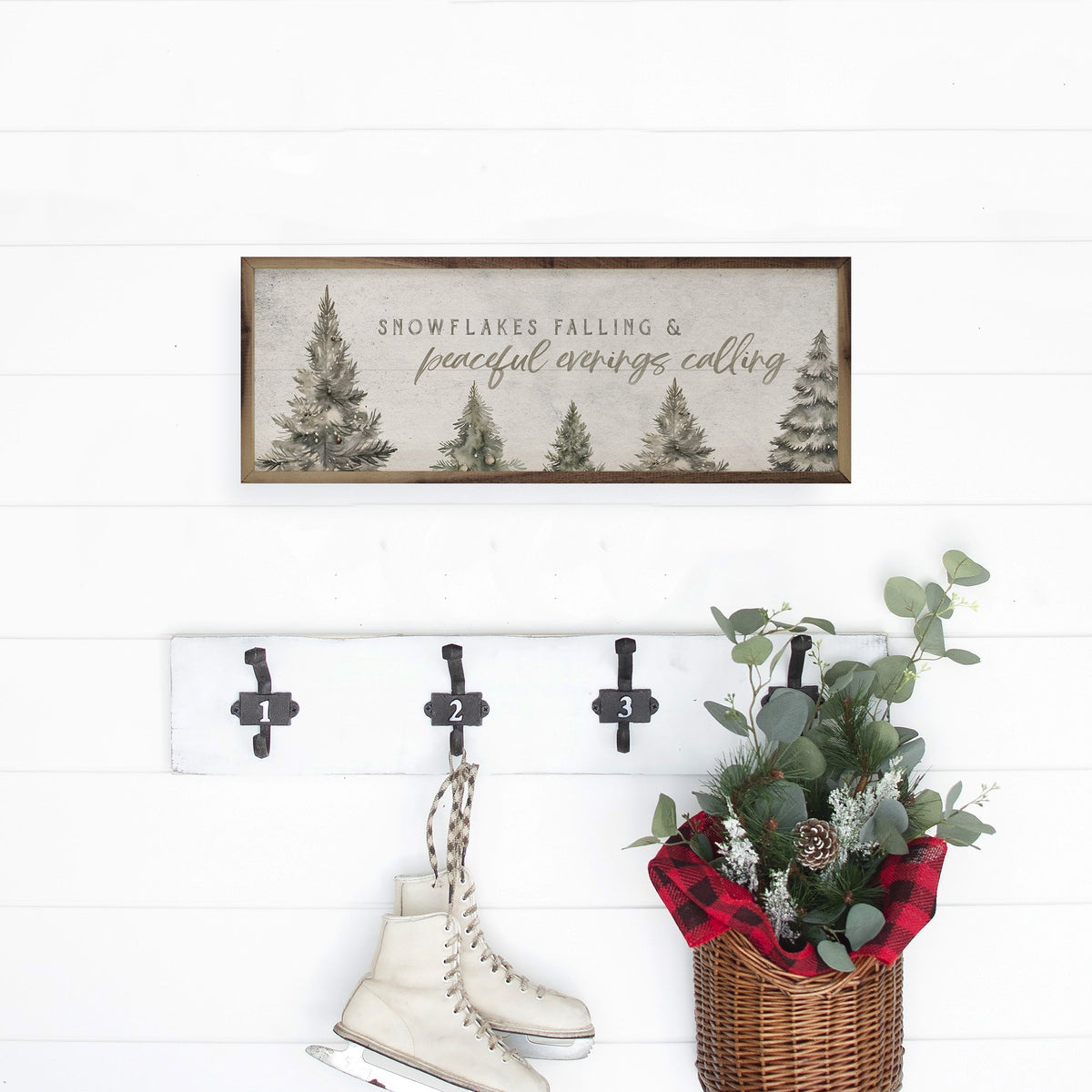 Snowflakes Falling Pines White Printed and Framed Wall Sign
