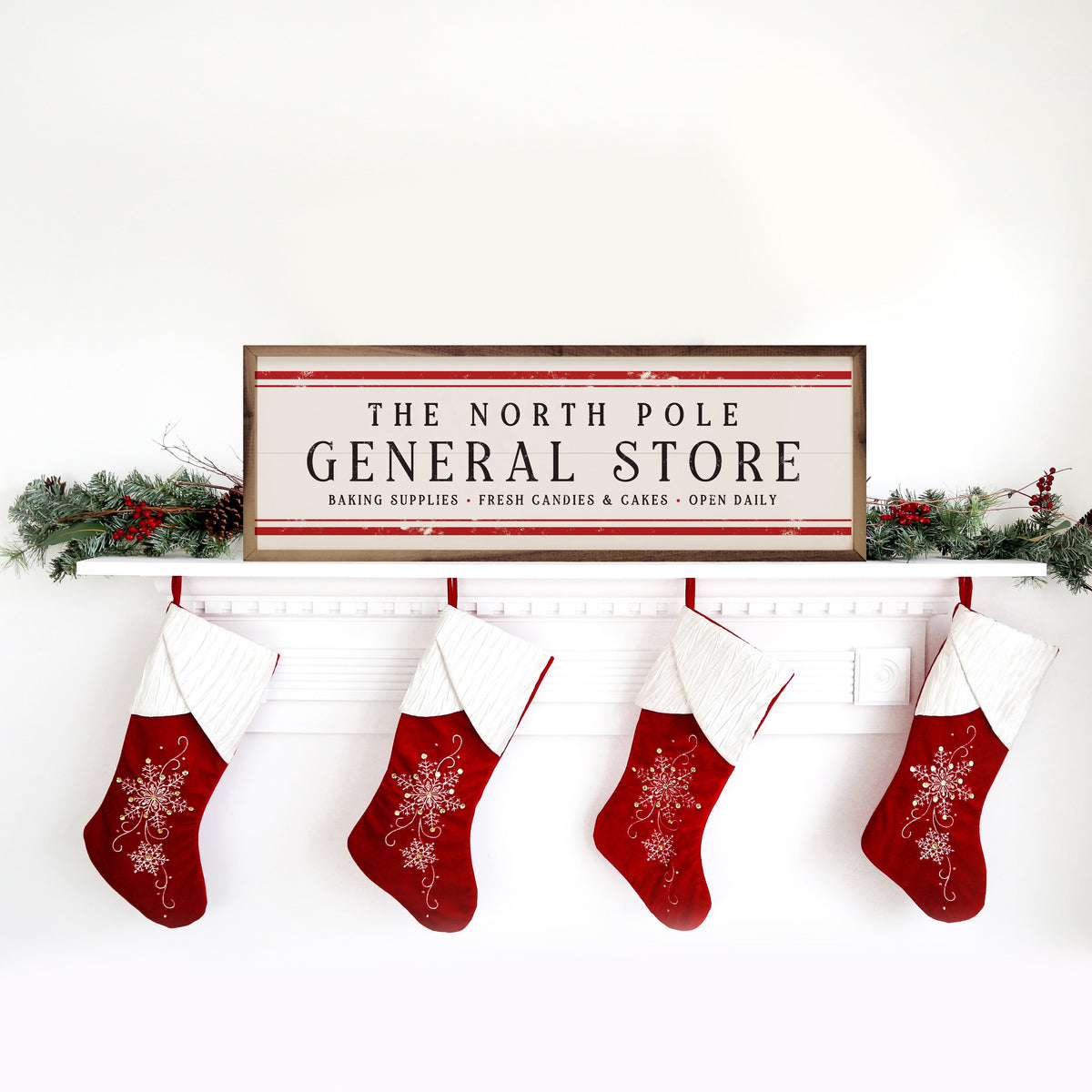 The North Pole General Store  Stripe White Printed and Framed Wall Sign