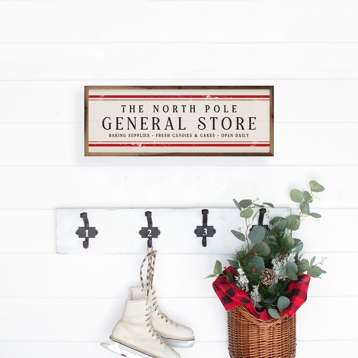 The North Pole General Store  Stripe White Printed and Framed Wall Sign