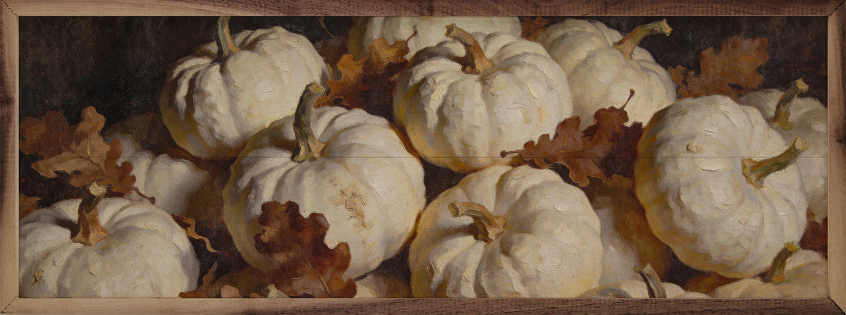 White Pumpkin Cluster In Autumn Leaves Printed and Framed Wall Sign