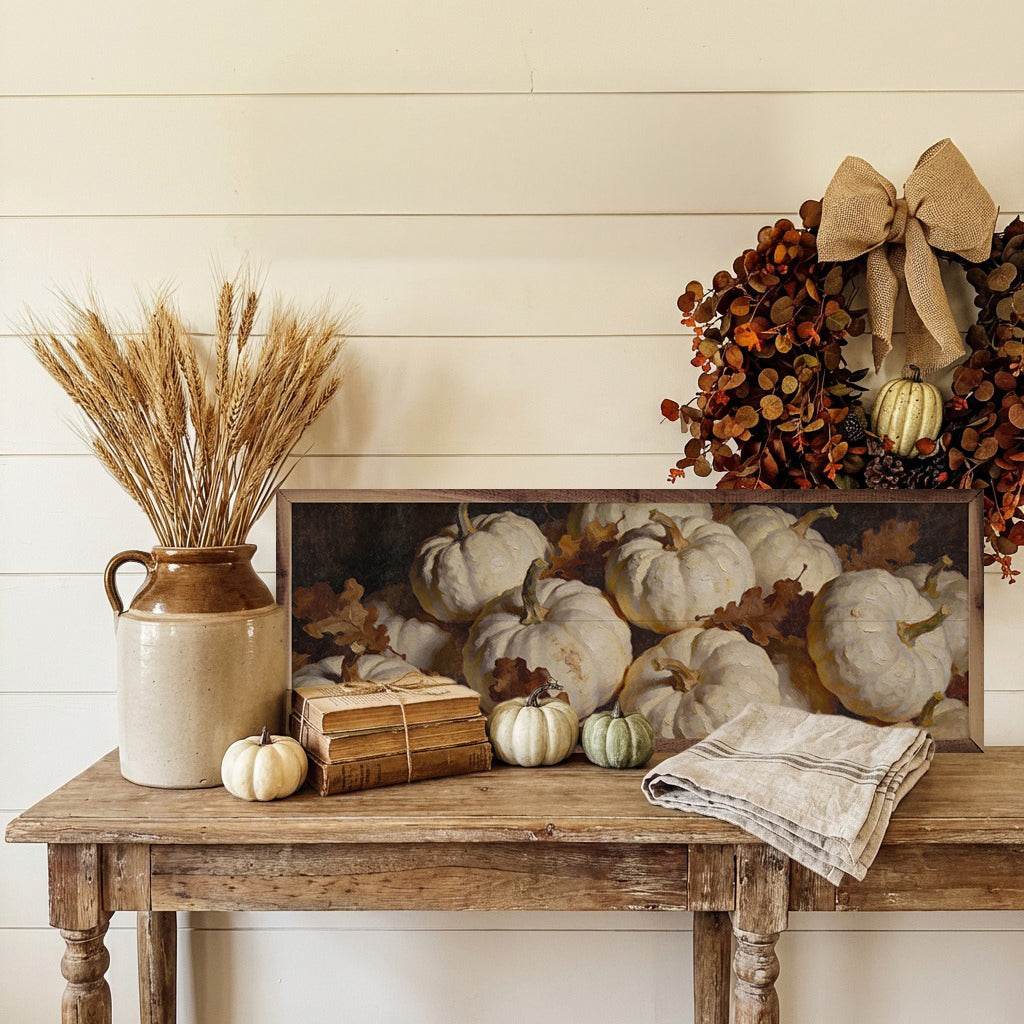 White Pumpkin Cluster In Autumn Leaves Printed and Framed Wall Sign