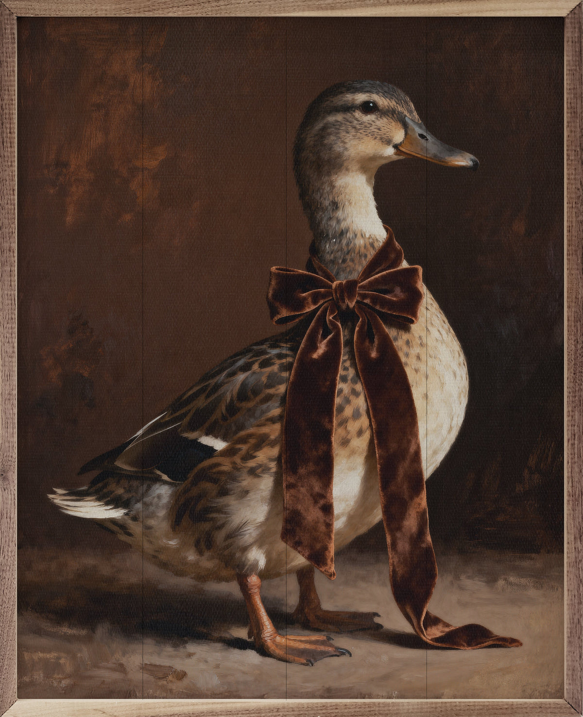 Brown Velvet Bow Duck Looking Right Printed and Framed Wall Sign