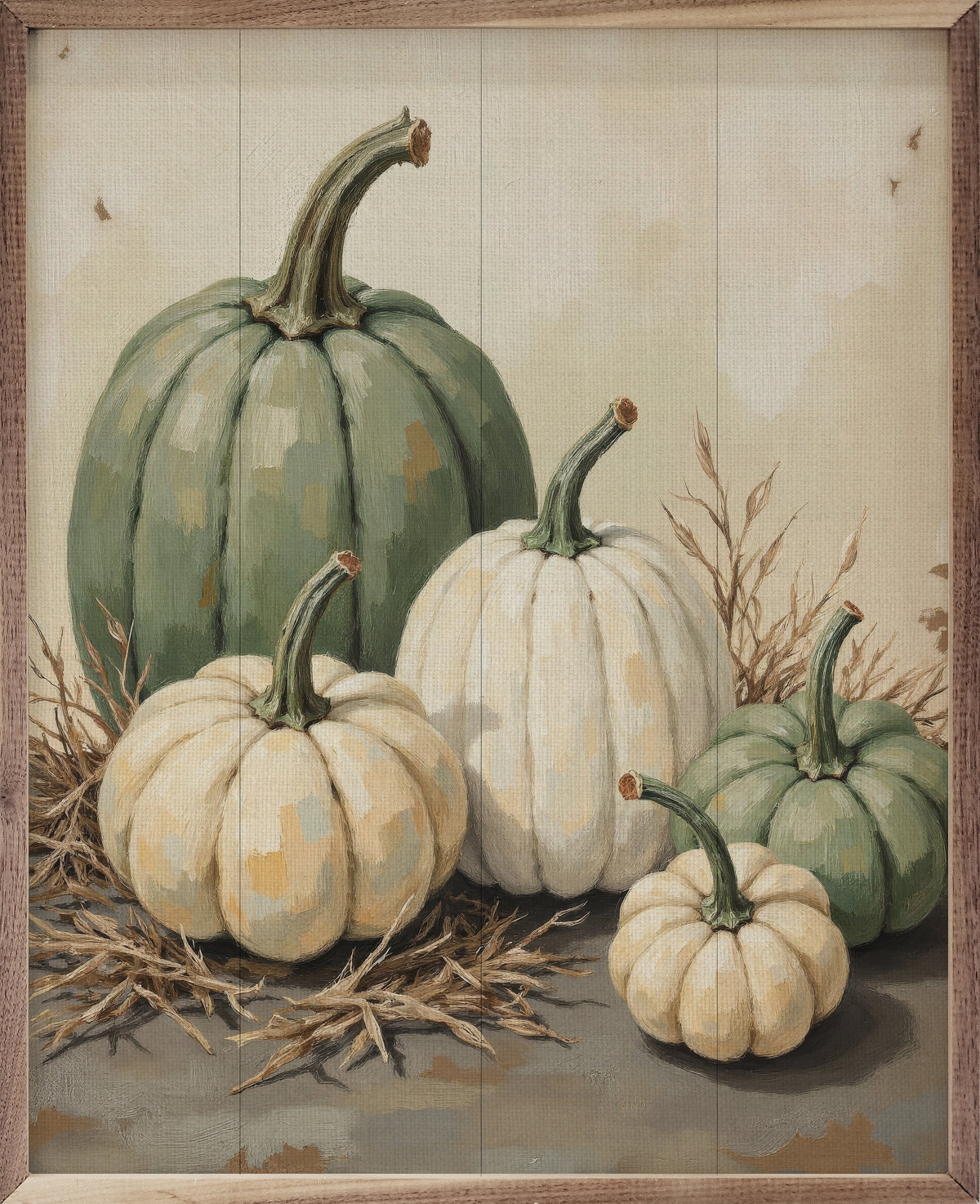 Green And White Pumpkins In Straw Printed and Framed Wall Sign