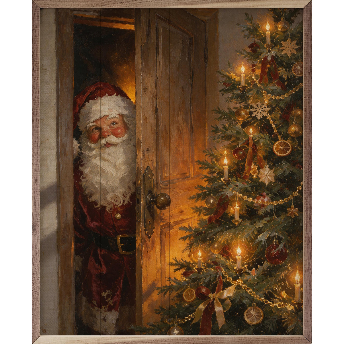 Santa At The Christmas Door Printed and Framed Wall Sign